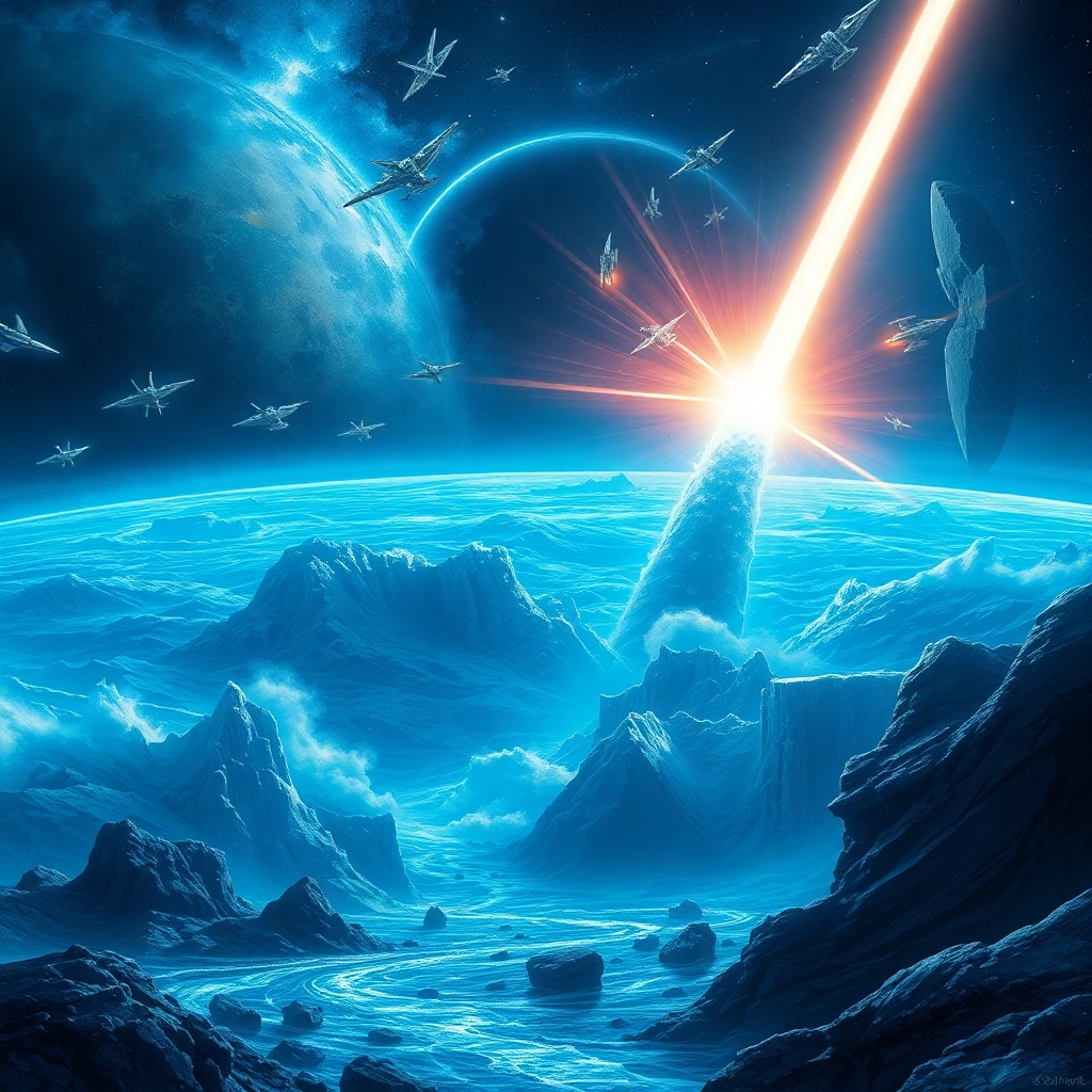 a perfect storm on a blue planet in a galaxy far far away while a space battle happens in the background