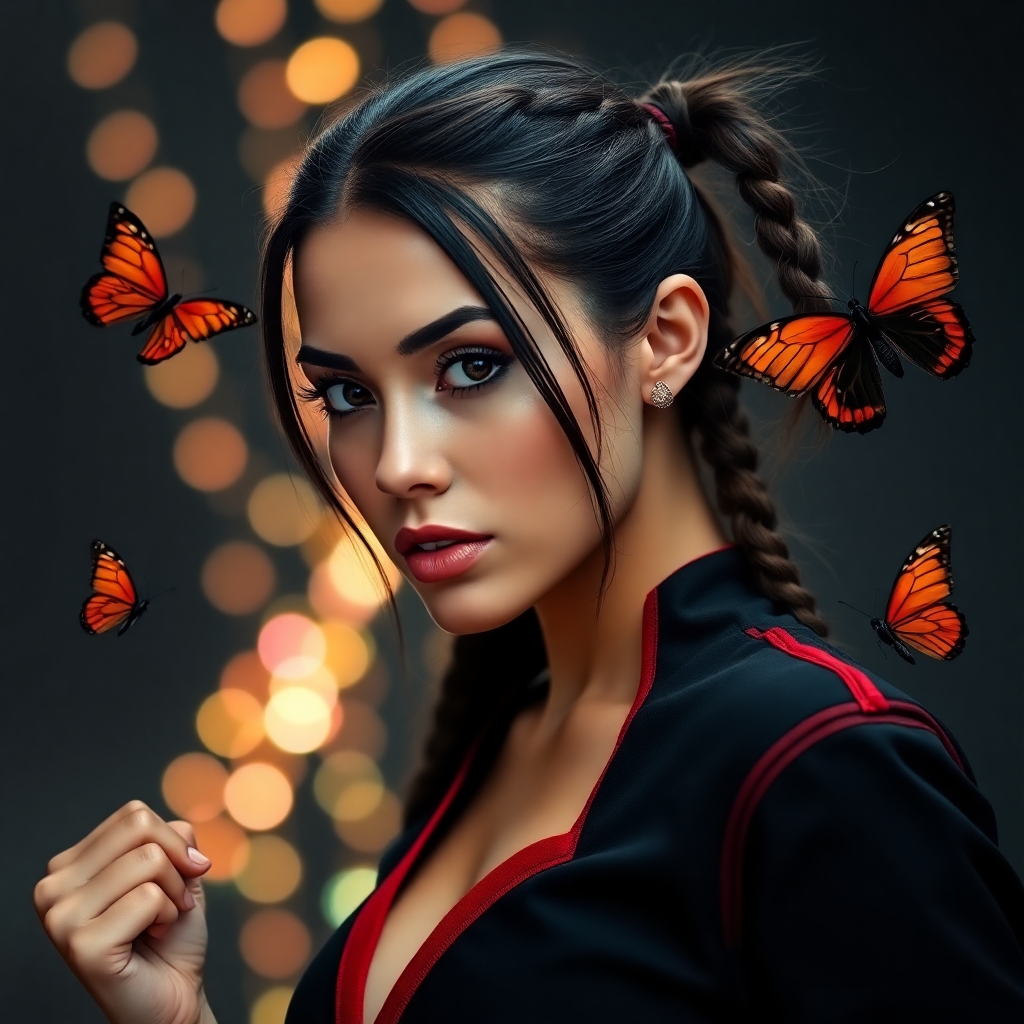 Beautiful Mexican American woman with thin, long face, hazel eyes and large full lips and brown hair parted down center and long pigtails that are thin and tightly braided on the top sides of her head, wearing sexy black with red trim ninja suit with cleavage, with her right hand up in a tight fist, turned slightly to the left, at right side of image with 1 inch of space to left of woman, with small multi-colored led lights behind her. Two butterflies on each side of her, with 1 inch of space above woman.