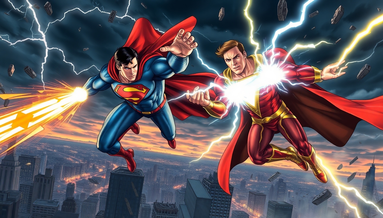 A high-resolution, ultra-detailed illustration of Superman and Captain Marvel (Shazam) engaged in an epic aerial battle above a destroyed cityscape at dusk. Superman, in his iconic blue suit and red cape, unleashes heat vision with fierce intensity, while Shazam counters with a powerful magical lightning strike from his glowing hands. The sky is dark and stormy, lit by lightning flashes and debris flying from collapsed skyscrapers below. Both heroes look determined and battle-worn, muscles tense, capes torn. The energy and power around them distorts the air. Comic book style with dynamic lighting, motion blur, and dramatic shadows. Epic showdown, explosive energy, heroic proportions.