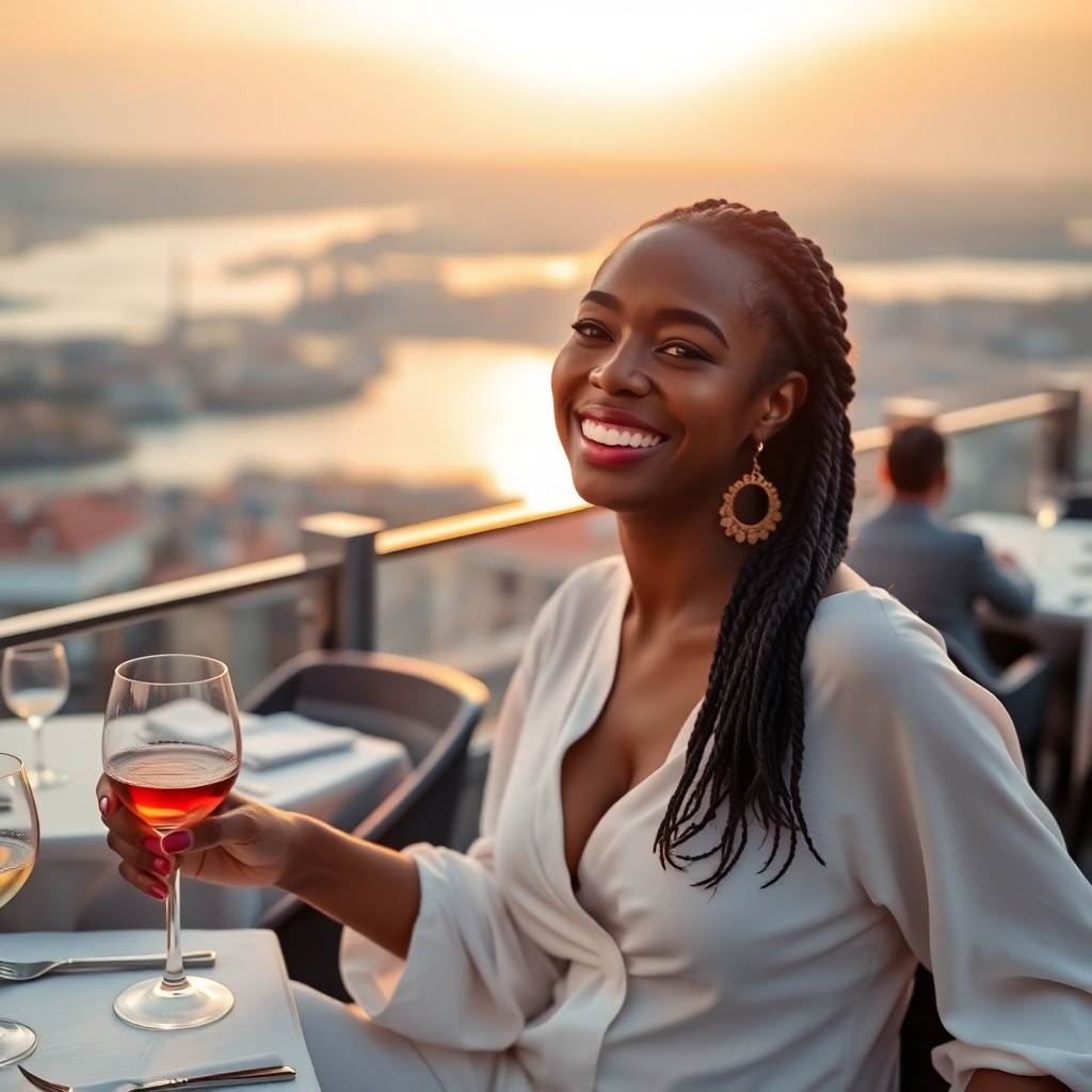 A joyful SSBBW woman with a radiant smile, wearing a flowing white outfit with gold earrings, dining at a sunlit rooftop restaurant in Istanbul. She has braided hair, dark skin, and a confident, relaxed pose. The Bosphorus sparkles in the distance, and the city skyline glows in the warm evening light.