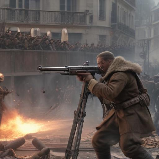 A human barbarian with a machine gun shooting Nazis in paris - large wide scale view showing the Nazis being shot