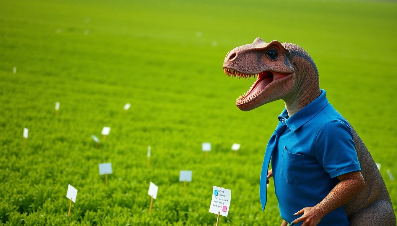 A T-Rex wearing a blue polo shirt and a tie. He is seen in profile on the left side of the image. His mouth is wide open. The T-Rex is looking across a large field of green. He towers above the field. Randomly across the green fields are index cards on sticks sticking out of the ground, and one white board with several sticky notes on it.