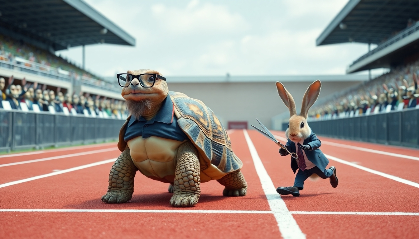 A Tortoise is calmly crossing the finish line of a track race. The Tortoise has a thin beard, is wearing glasses, and is wearing a polo shirt that covers the top half of his shell. Behind the Tortoise is a Rabbit. The Rabbit is falling and looks terrified. The rabbit is carrying scissors. The rabbit is wearing a suit. The stands around the track are occupied with humaniform robots.