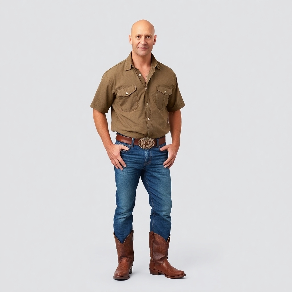 A man, 44 years old, 6 feet tall, white, his head is shaved bald, he's tan, 225 pounds, wearing jeans and a short sleeve western style shirt and brown cowboy boots