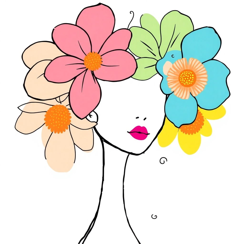 A whimsical and colorful digital illustration of a faceless woman with large, abstract flowers as her hair. The flowers are in bright, vivid colors like beige, pink, earth green, sky blue, and lemon yellow, with bold black sketch outlines and textured orange centers. The woman’s face is white with only pink lips showing, and her long, slender neck extends downward with elegant black swirls. The style is modern, sketchy, and artistic — blending fashion illustration with floral fantasy on a clean white background.