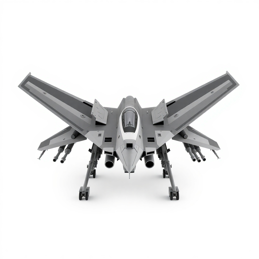 Chinese, Chengdu J-20 style, laterally symmetrical, Macross Valkyrie, Gerwalk Mode, with arms & GU-11 Gun Pod,on a white background