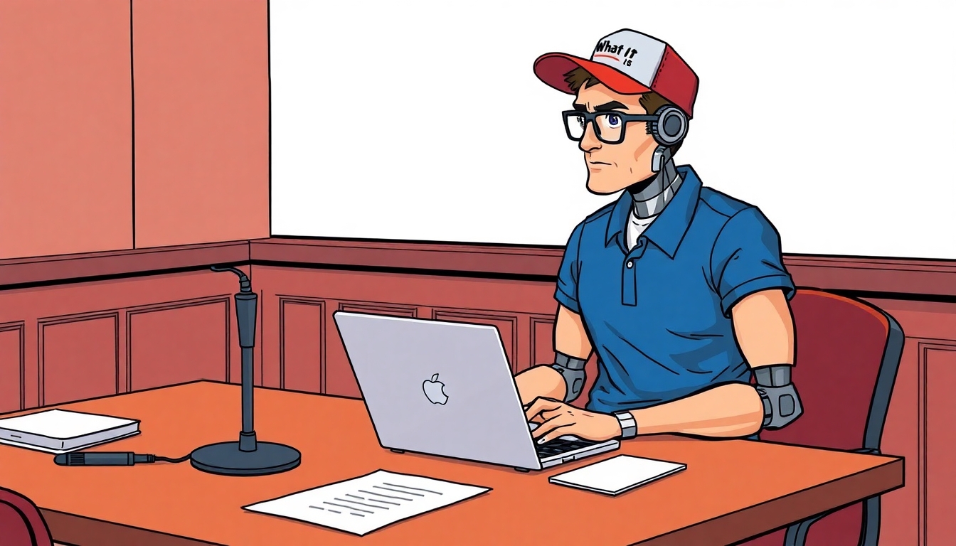 Dr Andrew Huberman sitting a table with a microphone and laptop in front of him. Sitting across the table from him is a robot that is wearing a blue polo shirt, glasses, and a baseball cap with "What IT is" written on it.