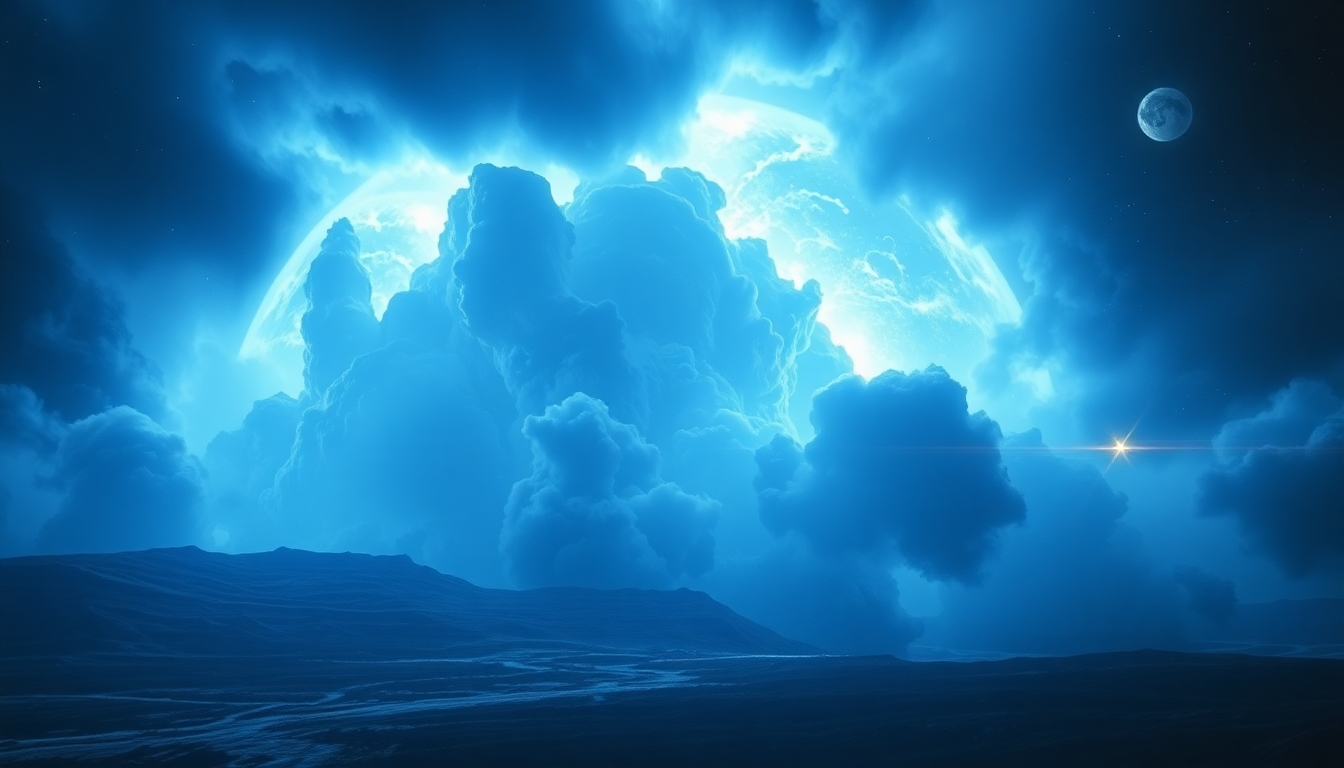 a huge storm on a blue planet in a galaxy far far away while a space battle happens in the background