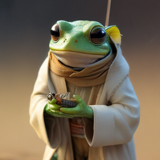 a jedi frog holding a fly