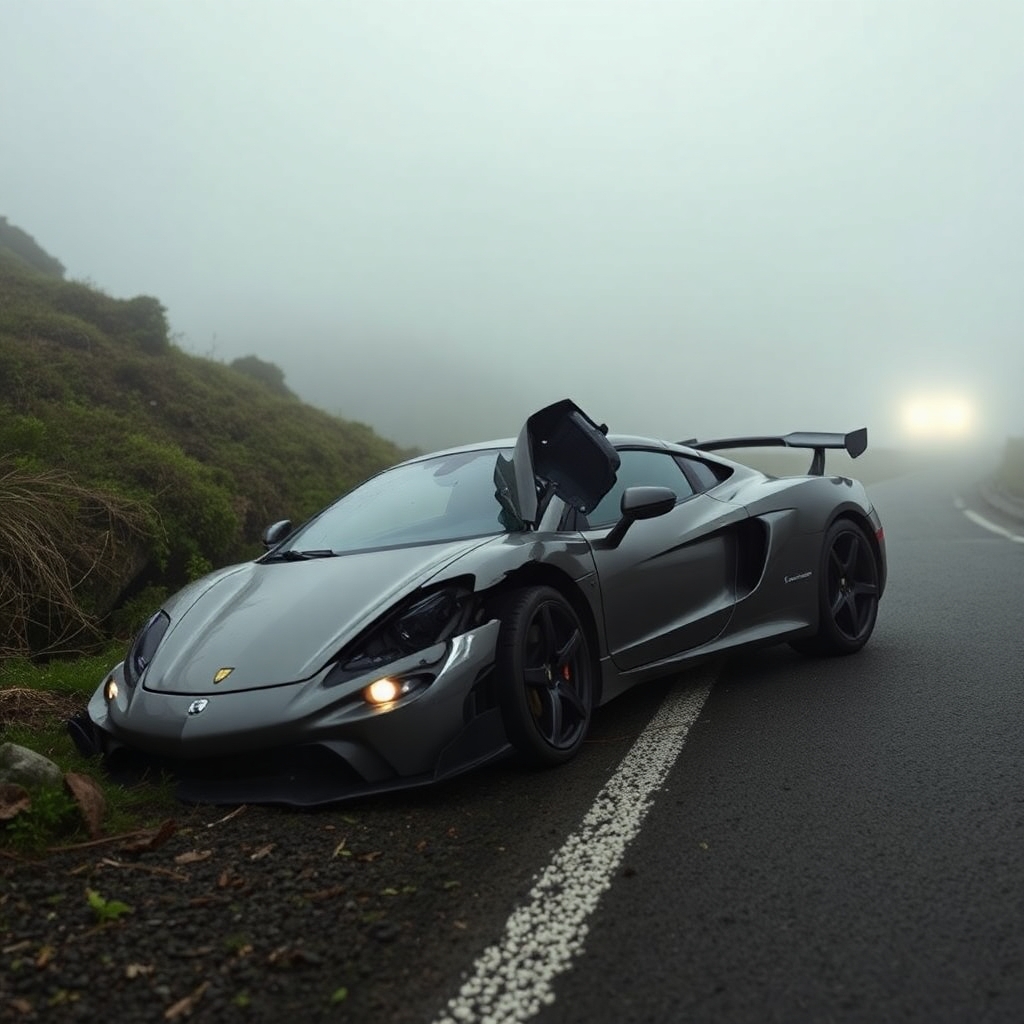 Sports car damaged after rolling over on the roadside, foggy mountain, dim lighting
