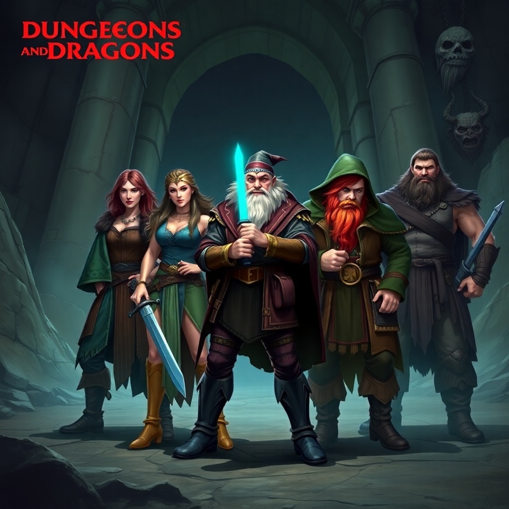 A five-member dungeons and dragons adventuring party consisting of: An male elven rogue/bard, a female half-elf cleric/warlock, a female half-elf sorceror/warlock, a short but wide male dwarven ranger, and a tall male half-giant barbarian/paladin.