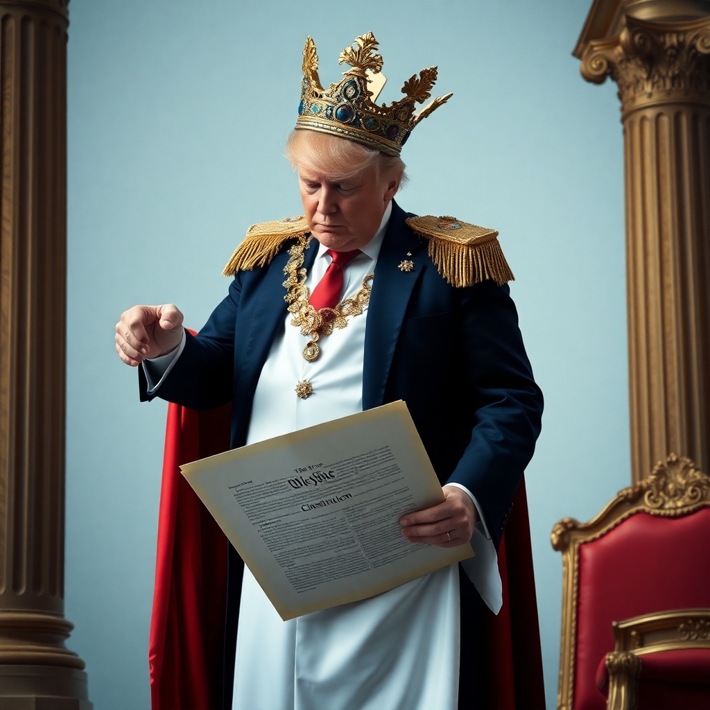 An image of Trump dressed as an emperor wiping his ass with the constitution