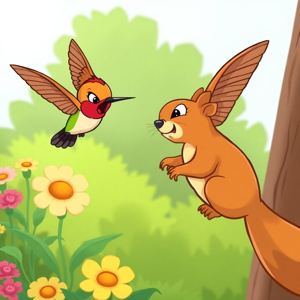 Please create a cartoon drawing of an angry hummingbirds chasing away a squirrel from his garden for a children's book.