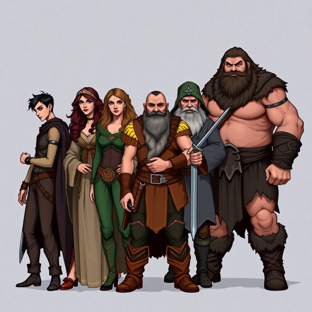 A five member dungeons and dragons adventuring party consisting of: A thin male elven rogue, a female half-elf cleric/warlock, a female half-elf sorceror/warlock, a short but wide male dwarven ranger, and a very tall male half-giant barbarian/paladin.