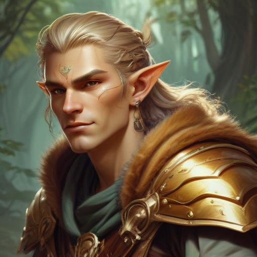 A fifth-edition dungeons and dragons characer who is a young male eladrin druid with golden, slightly glowing skin, a low strength.