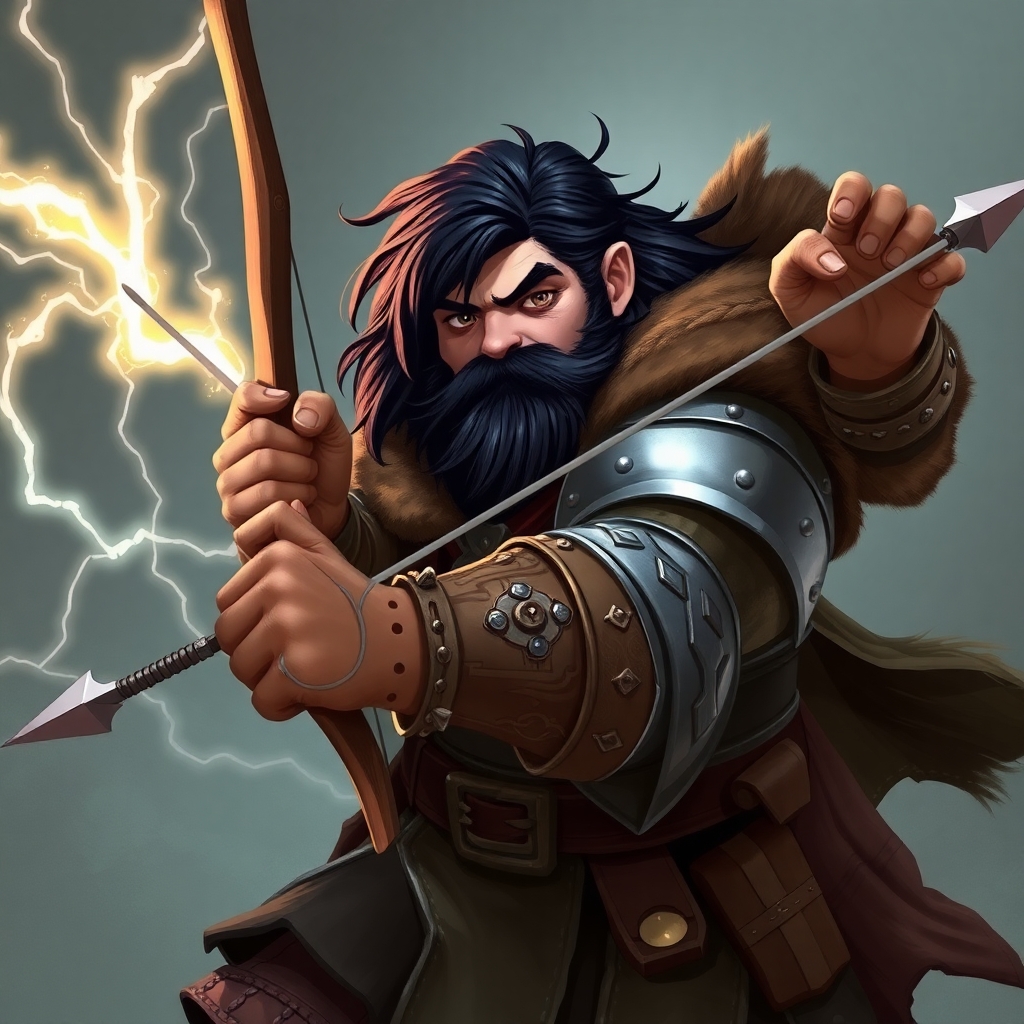 A dungeons and dragons character who is a dwarf ranger. He has a wide build, black hair, grey eyes, weilds a magical bow that creates lightning arrows, and wears a silver breastplate.