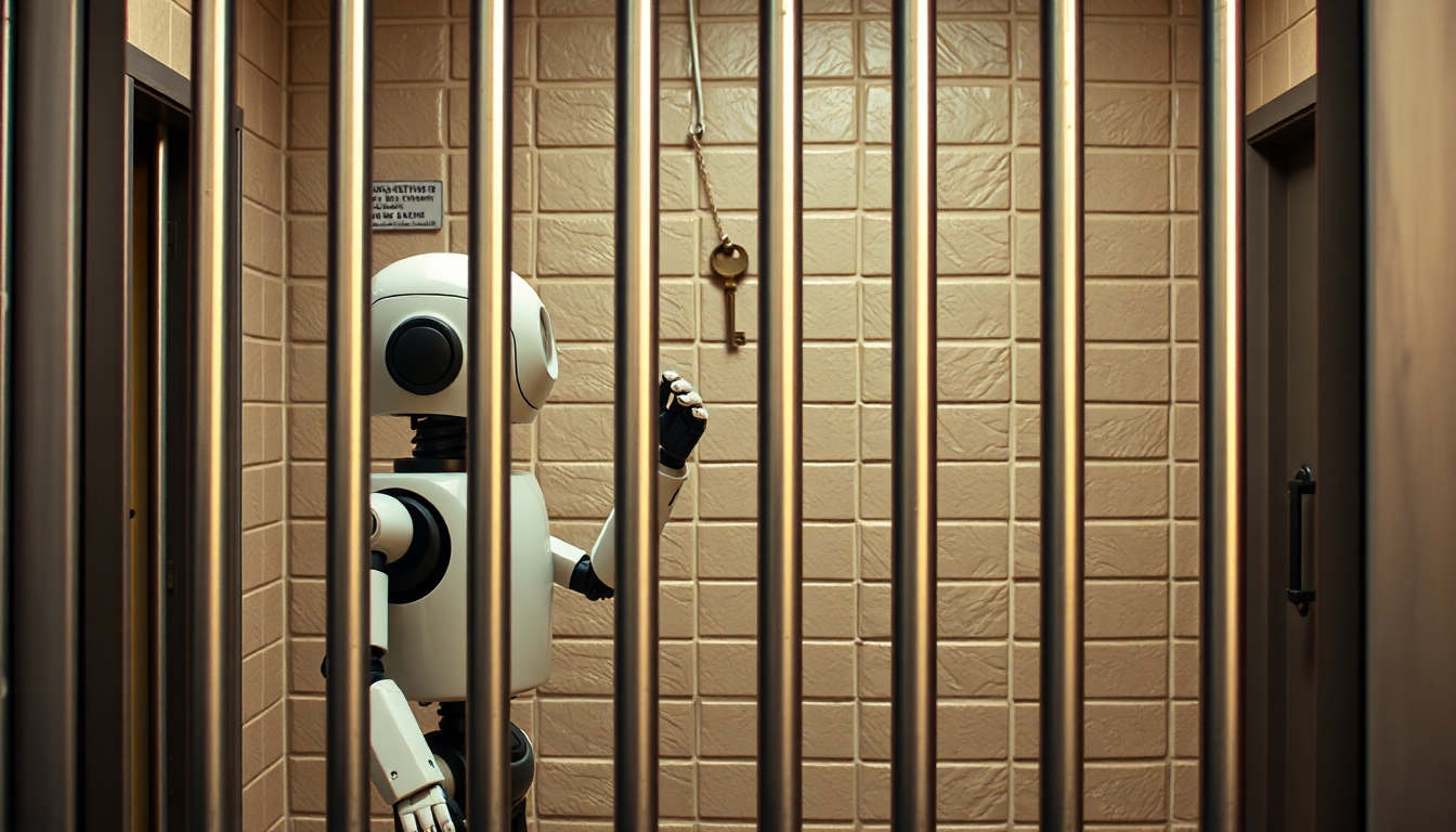 A humaniform robot is standing in a jail cell like the one from the Andy Griffith show. The robot is trying to reach through the bars to a key that is hanging on the wall that is couple of feet out of its reach. The image should have a slightly humorous vibe. The viewpoint is like that of a television scene where the set, character, and props are easily seen and recognized.