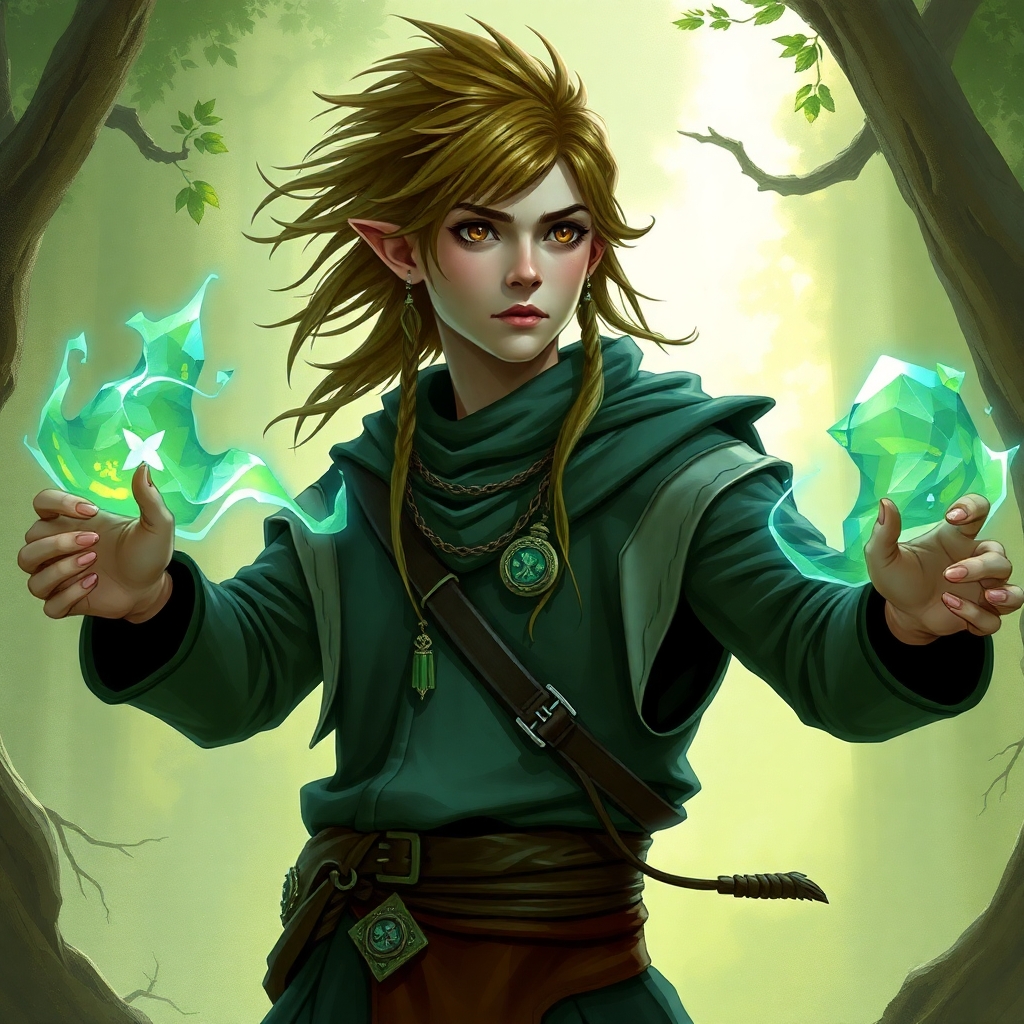 A fifth-edition dungeons and dragons characer who is a young male eladrin wildshape druid.