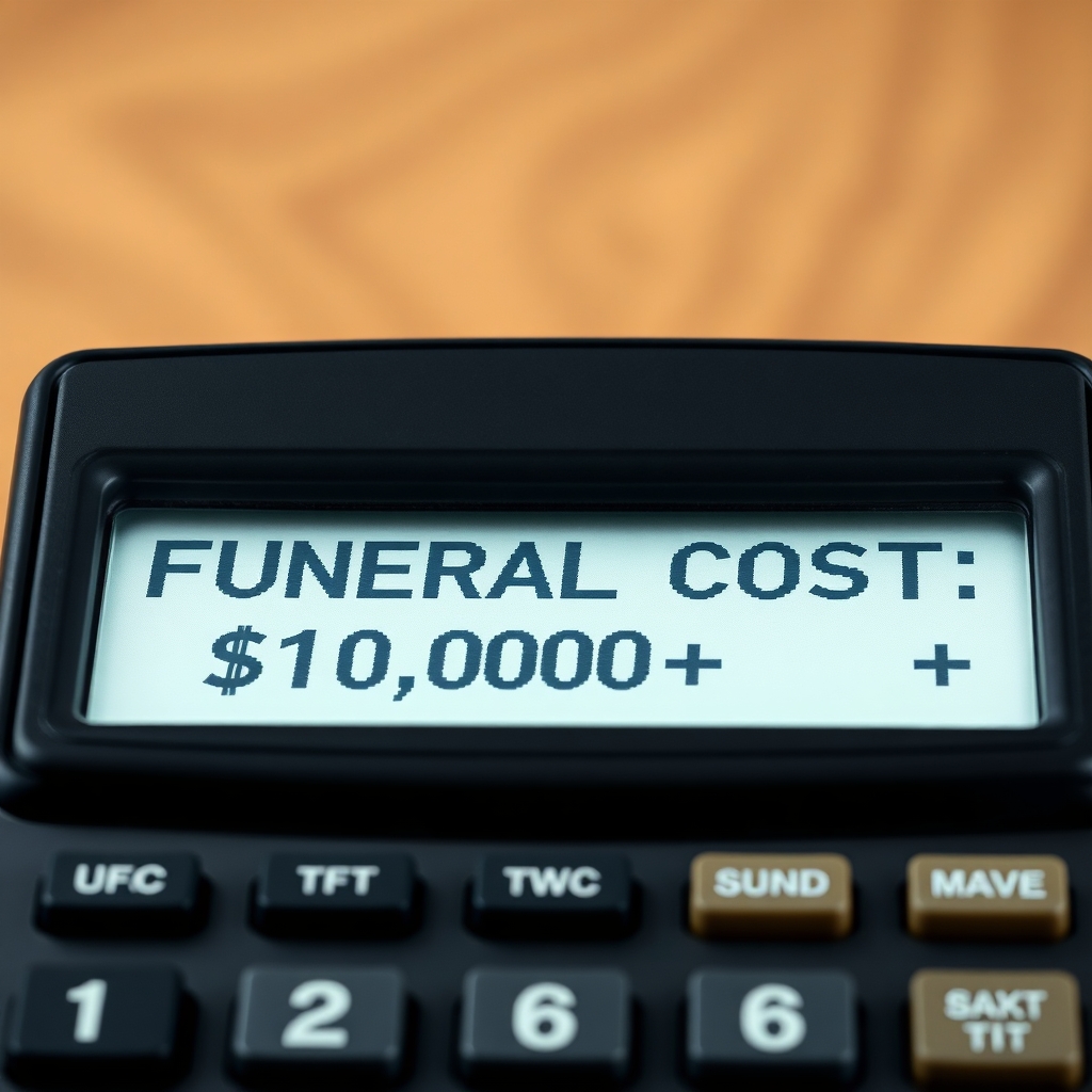 A scientific calculator with "FUNERAL COST: $10,000+" on the screen