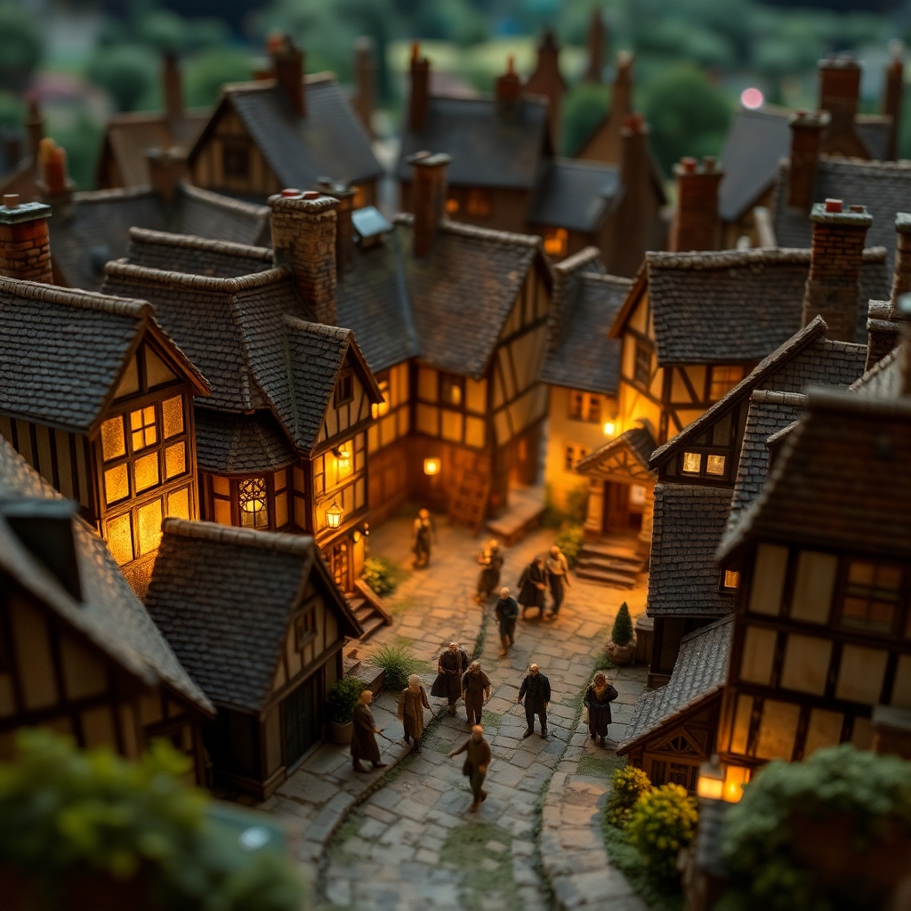diorama miniatures view of a small medieval English village. Arial view. People walking about. Authentically dirty. Night. Fine detail.