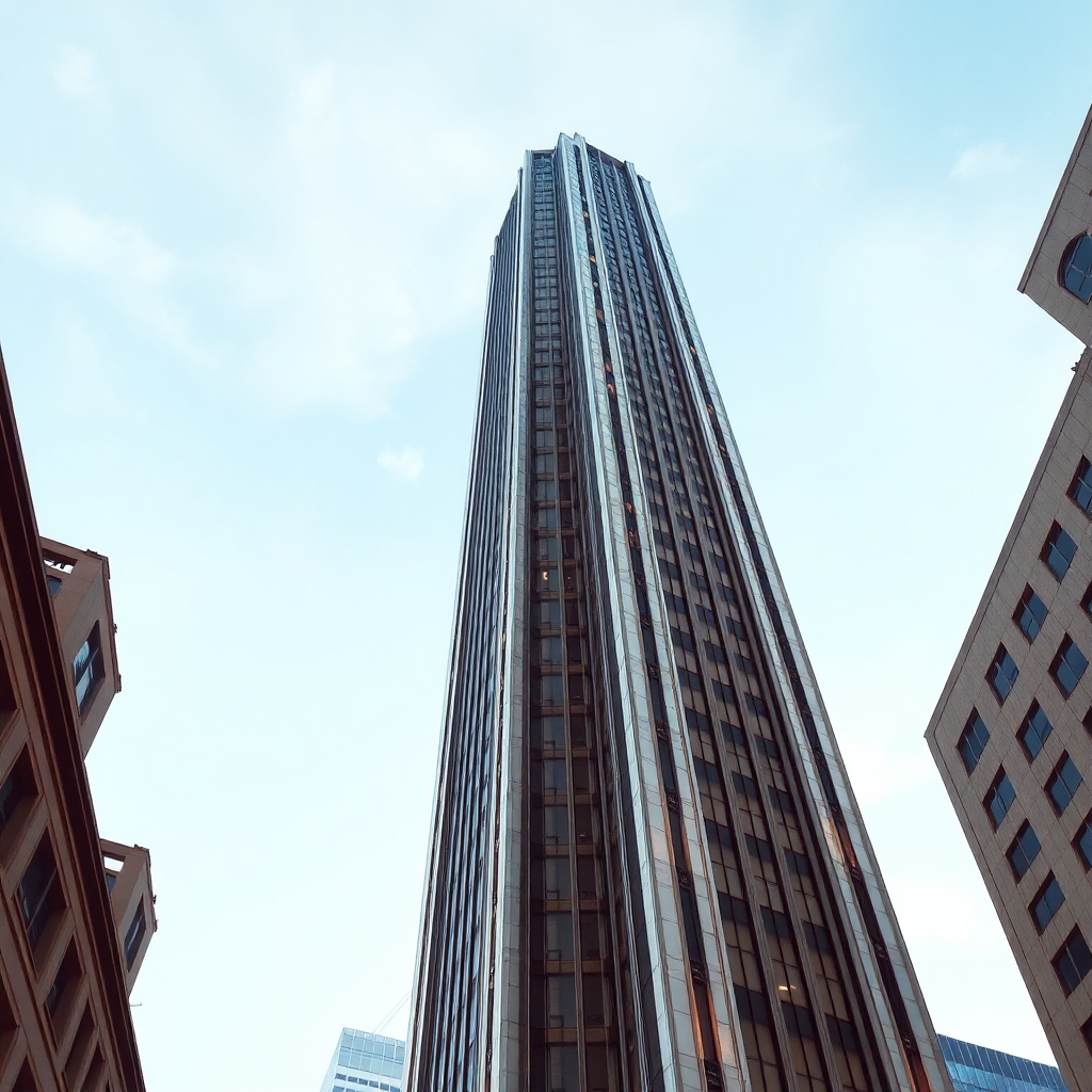 neo art deco skyscraper with metal beams that go from top to bottom