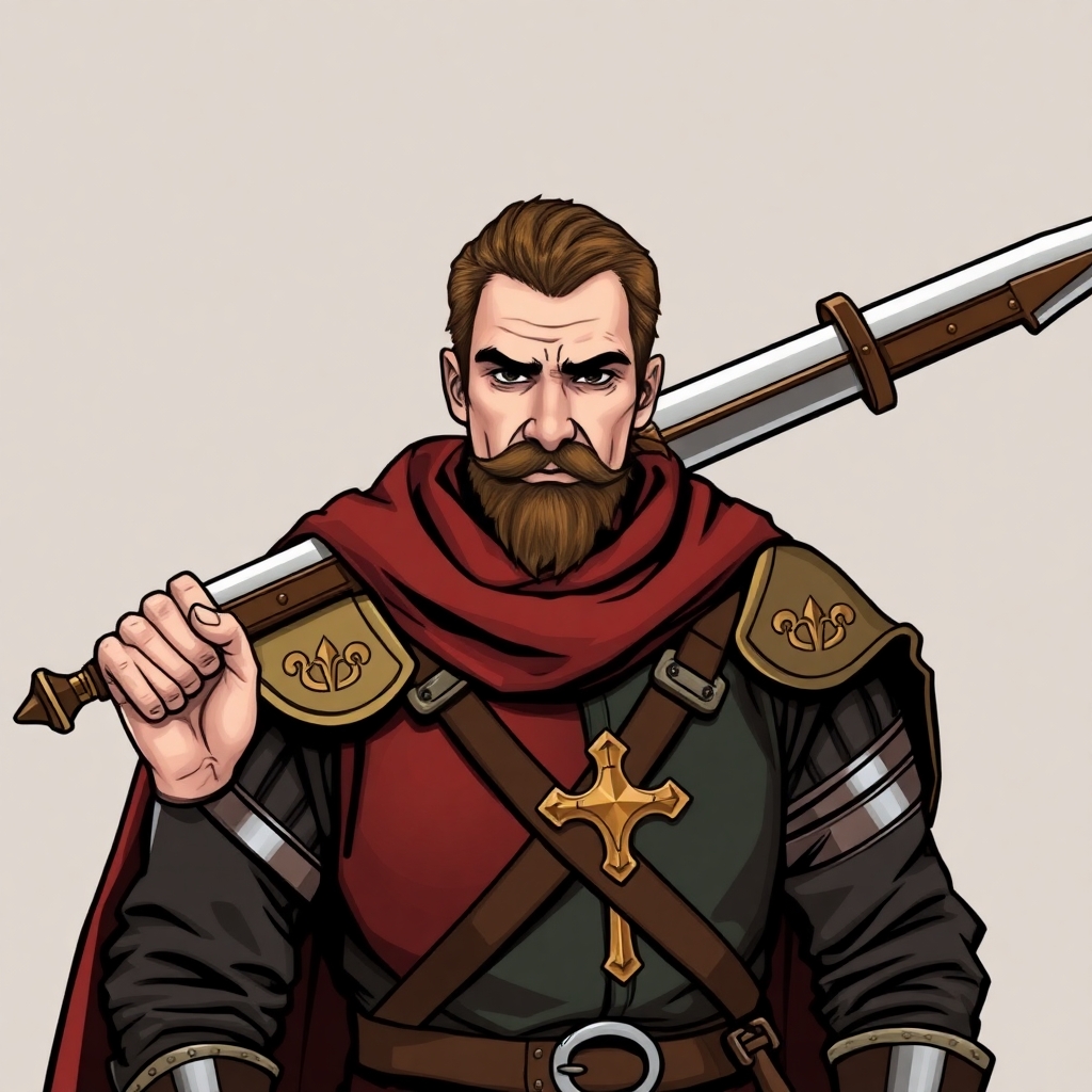 A warhammer fantasty Knight of Ostermark. Young and dressed in clothing similar to that of the Holy Roman Empire. He is carrying a long Flamberge sword over his shoulder. Drawn in comic style. He should have a goatee and long moustache..