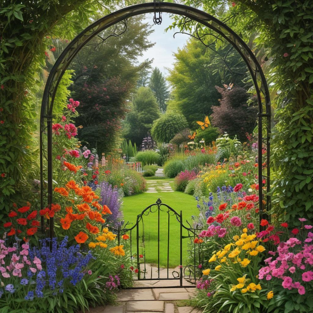 A mesmerizing photograph  with the vibrancy of a garden. The intricately designed keyhole frames a harmonious blend of colorful flowers and lush foliage, creating a captivating landscape within its confines. The garden comes alive with dancing butterflies, adding a touch of whimsy and movement to the serene scene. This enchanting fusion of geometric shapes and thriving nature ignites curiosity and wonder, inviting viewers to delve into the hidden mysteries hidden within the depths of this magical world. The photgraph, showcting beauty and allure of this captivating garden.