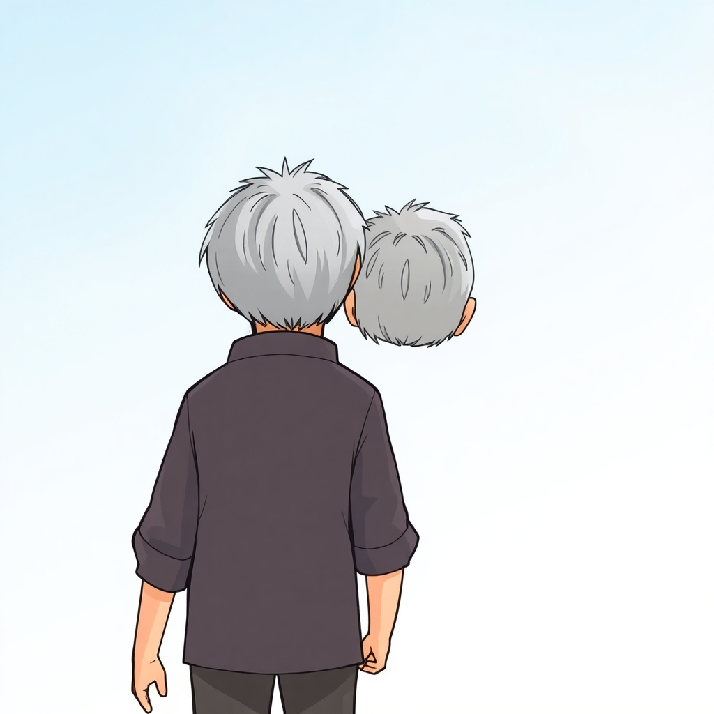 a cartoon drawn little boy with brown hair and his grandfather with short gray hair standing next to each other from behind. https://www.imagiyo.com/images/mxkaz6Y5aJ0P/view
