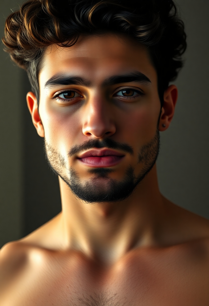 Sexy man with curly hair and short beard. He is in his twenties. he has thik lips. He is toned but not overly muscular.