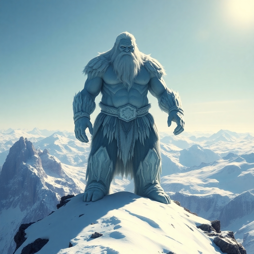 A mysterious, mythical frost giant standing in stoic silence on a high peak in a frozen mountain range. The weary old warrior with white hair and icy skin is huge, strong and noble. His body below the waist merges with the snow and rocks around him. The sky is clear and the sun is bright, shining on the ice and snow all around.