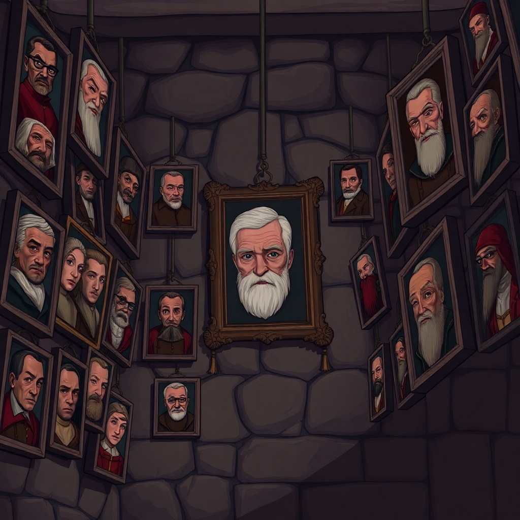 Dozens of noble portraits hang askew, but one (that of a young Hektor’s grandfather) is unmarked by decay and follows the players with its eyes. The portraits should be of the late medieval period and in the likeness of those in the Holy Roman Empire. The artwork should be cartoonish and gothic style.
