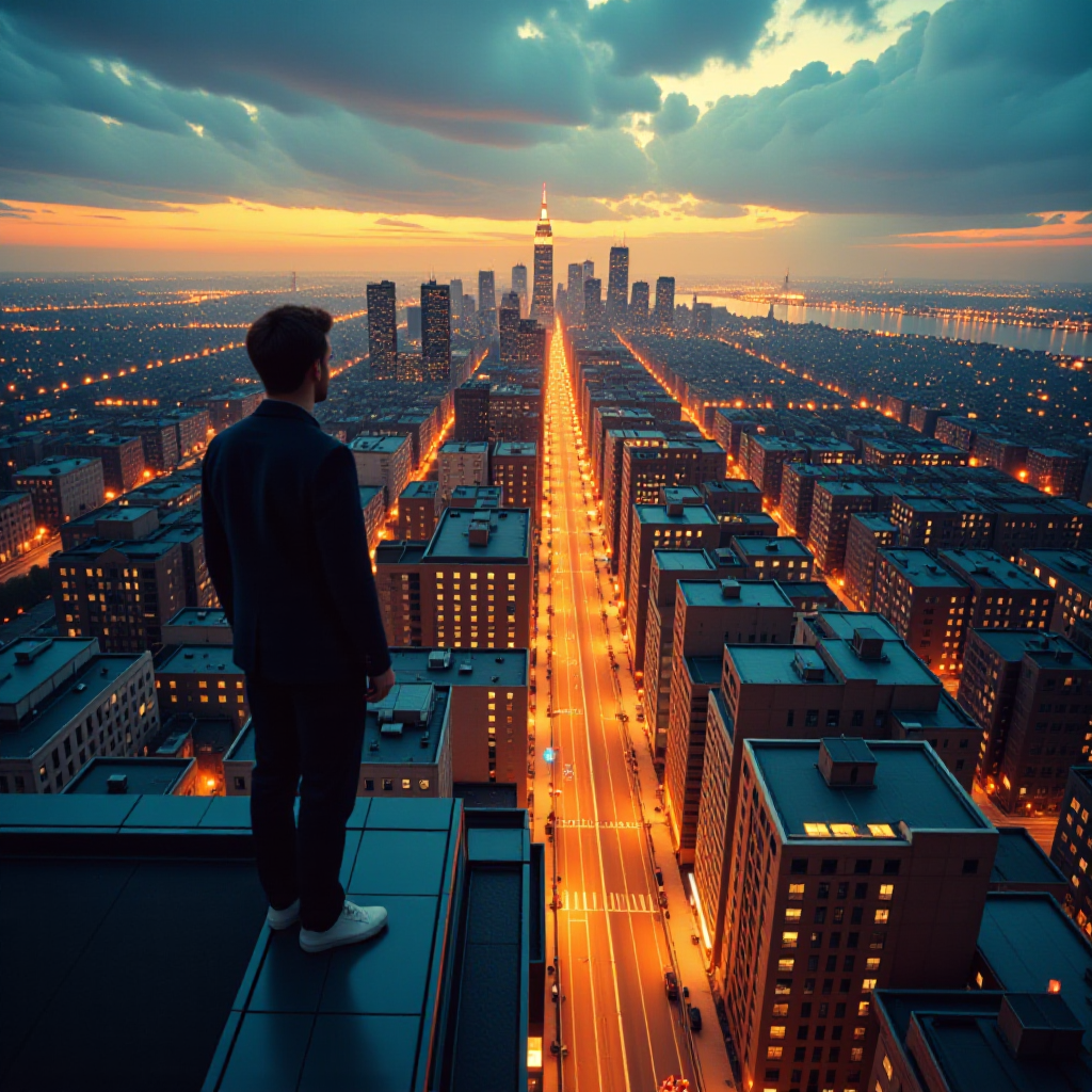 (((Fine art photography:1.8))), ((cinematic lighting:1.8)), ((grainy Polaroid aesthetic:1.8)), ((warm light:2.0)), ((soft golden light:1.8)), (((expressive:1.6))), ((concept art:1.7)), ((soft golden light:2.0)), (((light breaking through clouds:1.6))), ((depth of field:1.7)), (((atmospheric perspective:1.8))) A breathtaking urban landscape captured from a high vantage point, showcasing the sprawling cityscape during twilight. The scene features a silhouetted figure standing on the edge of a rooftop, gazing out over a vibrant skyline. The golden glow of streetlights creates a shimmering pathway through the city, contrasting with the deep blue and orange hues of the evening sky. Buildings of various heights, illuminated windows, and architectural diversity populate the foreground, adding depth and texture. The viewpoint emphasizes the vastness of the metropolis, while the atmosphere is both serene and contemplative, evoking feelings of awe and introspection. The composition balances the silhouetted figure with the expansive city backdrop, drawing the viewer's eye towards the horizon. Ideal for showcasing modern urban life and the beauty of cityscapes at dusk.