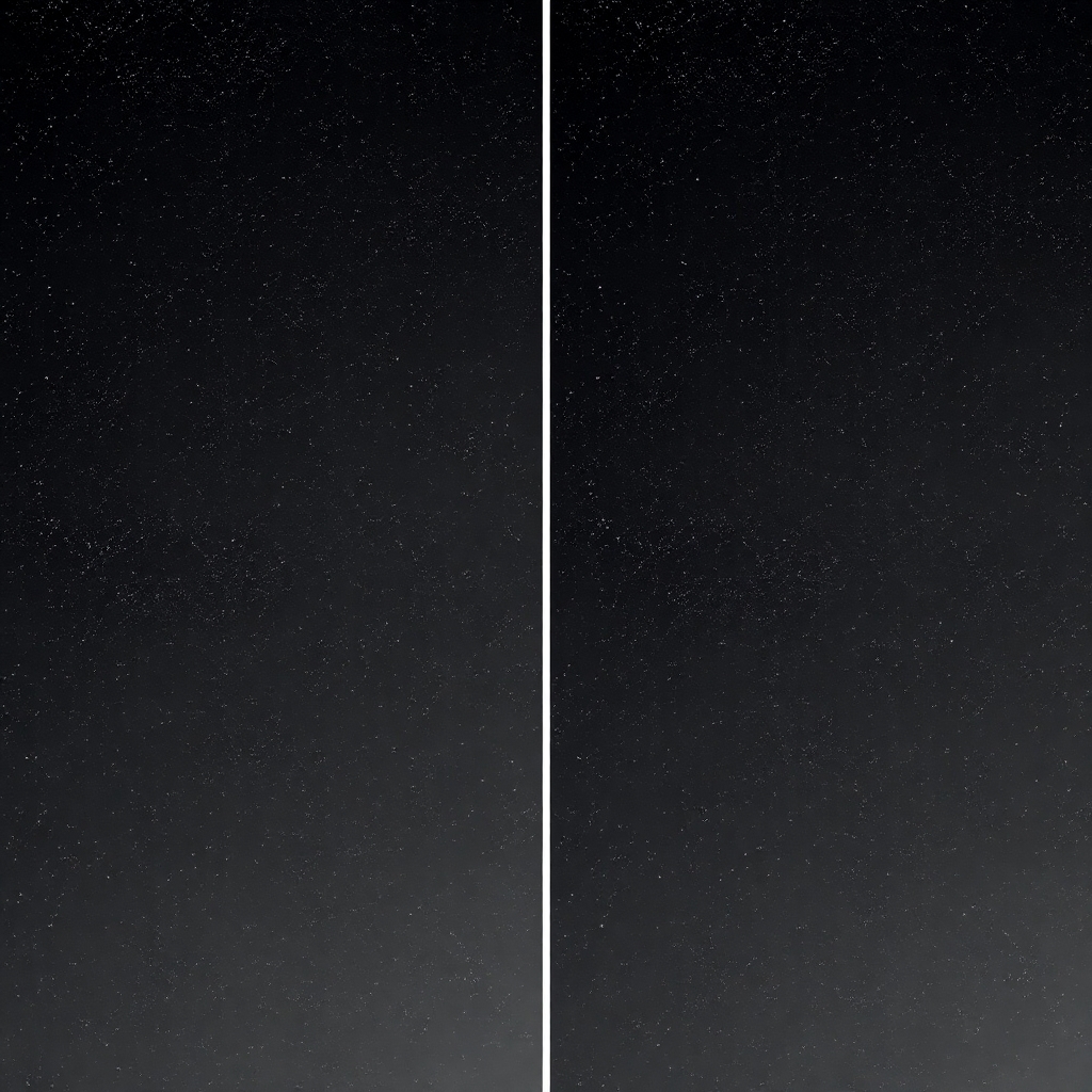 Create a Black and White image showing image scale, resolution, and detail with side-by-side comparison images showing the effect of different image scales: one with a higher scale with a grid with larger squares (pixels) covering a wider area of the night sky and the other with a grid with smaller squares (pixels) covering a smaller area of the sky with no labels