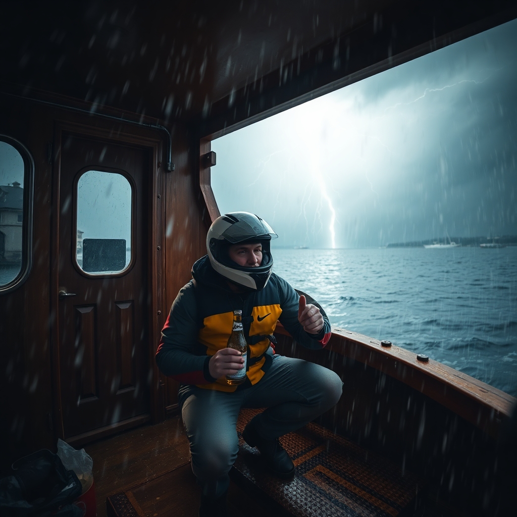 Man taking shelter inside the lower cabin of a docked old houseboat, crouched wearing a motorcycle helmet, life vest and clutching a coors light beer during a severe thunderstorm with torrential rain and strong winds